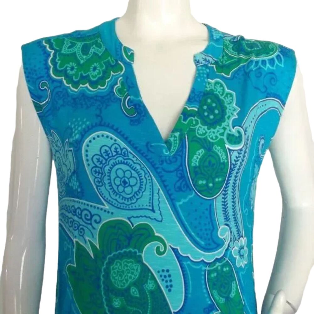 TORI RICHARD Dress, M, Alexia Blue Paisley, Sleeveless Split Neck, Rayon-spandex - Picture 2 of 13